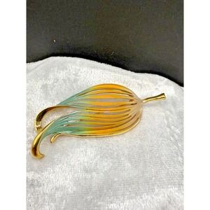 Vintage Enamel‎ Brooch Flower Yellow Teal  Gold Tone